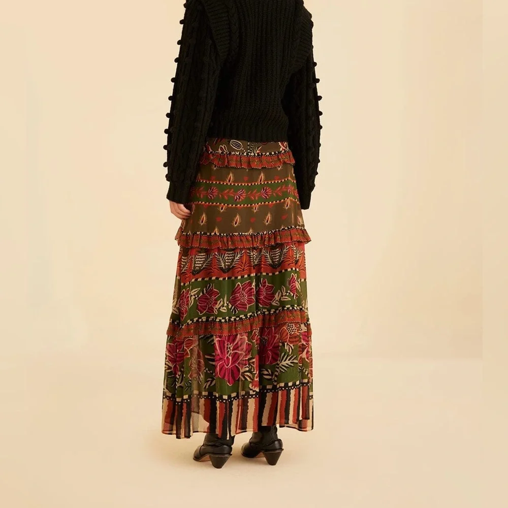 FARM Rio Floral Tiered Maxi Skirt in Black, Green, Red, Orange